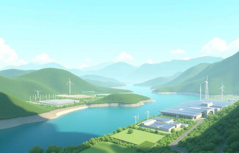 Photo of diverse renewable energy projects like solar farms, wind turbines, and hydroelectric dams representing Midori Mirai Energy's mission