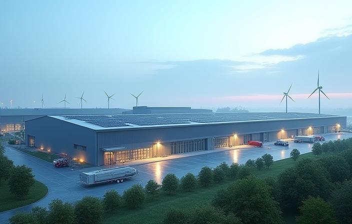Image representing a manufacturing plant with renewable energy infrastructure like solar panels and wind turbines